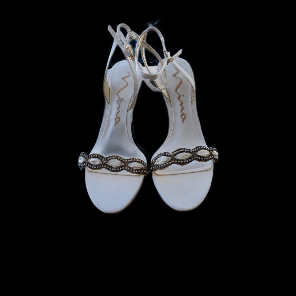 Nina Champagne Rhinestone Strappy Sandals Size 8M | Evening Heels | Bridal Shoes